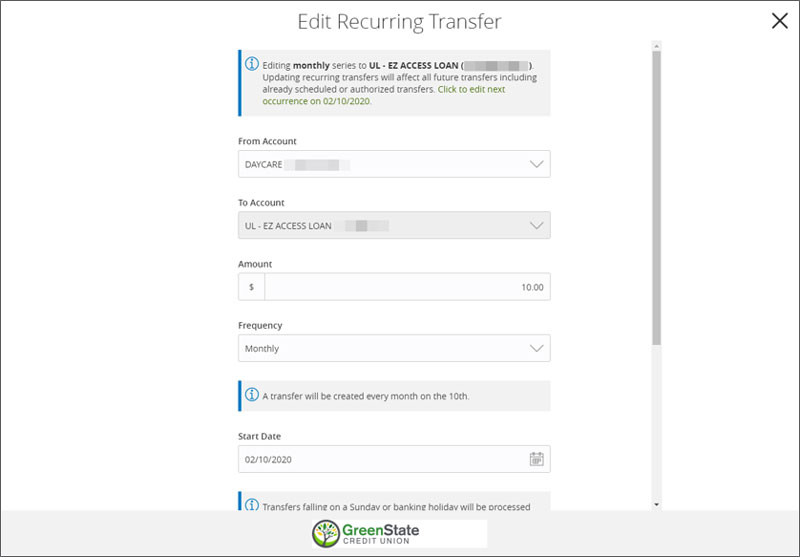 Edit recurring transfer screen shot